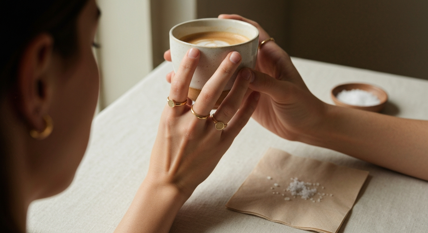A pair of hands holding a warm ceramic coffee cup at a cream linen breakfast table, with a stack of thin gold rings and a gold ear cuff catching morning window light.