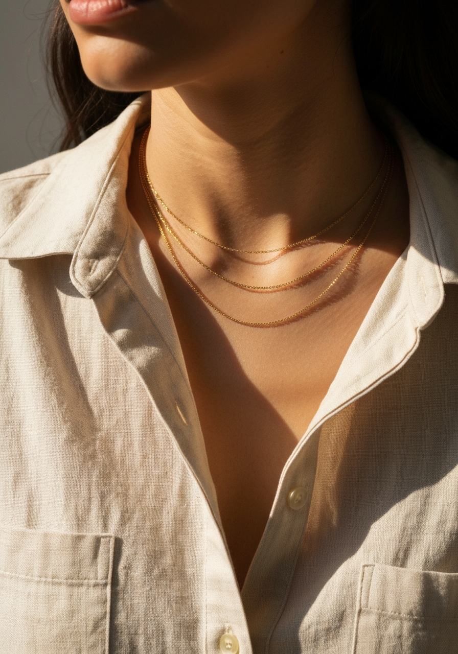 Three thin gold necklaces layered at 40cm, 45cm, and 50cm on a cream linen collar in warm window light.